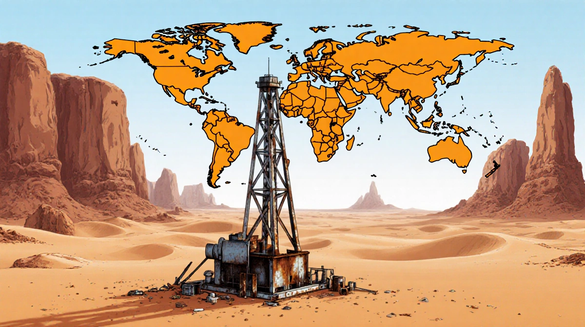 Oil rig stands in a barren desert with a world map etched in sand highlighting Venezuela's 17% oil share and rusted equipment