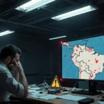 Venezuelan engineer stares at glitching power grid map with red alerts and warning signs flashing
