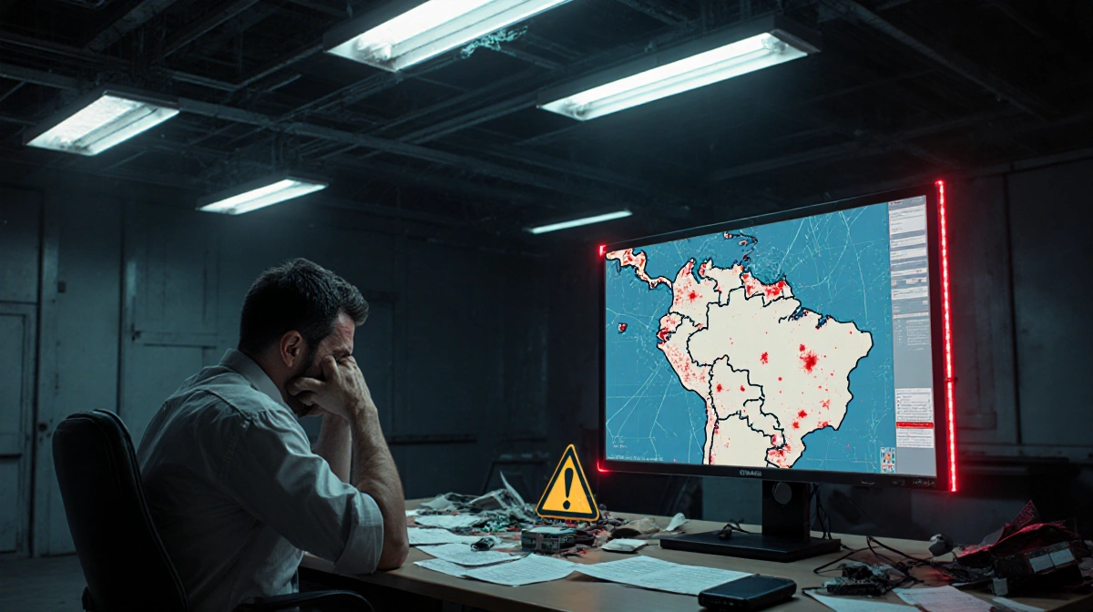 Venezuelan engineer stares at glitching power grid map with red alerts and warning signs flashing