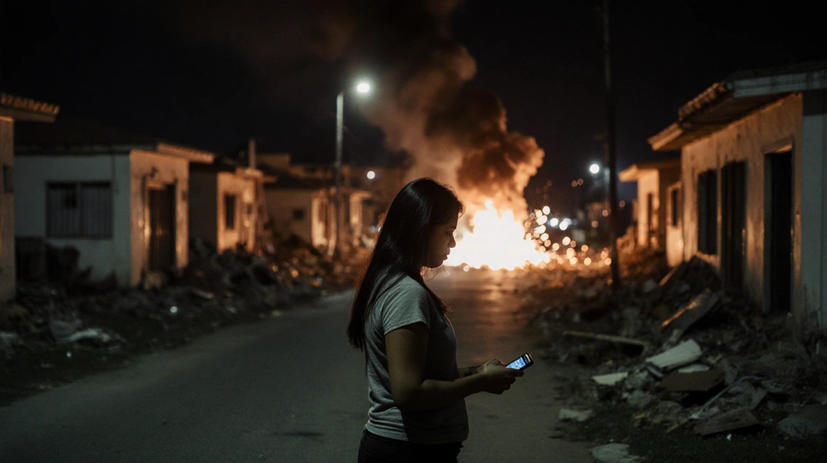 Yanire Lucas holding a phone with alarmed face and explosions flashing in the night sky over Venezuela.