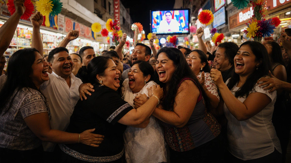 Venezuelan immigrants hugging and cheering at Preciosa Market with TV showing Maduro capture surrounded by floral decorations