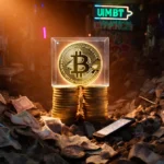 Stacks of USDT stablecoins hang frozen above a crowded Venezuelan market stall with worn bolivars and glowing phone screens l