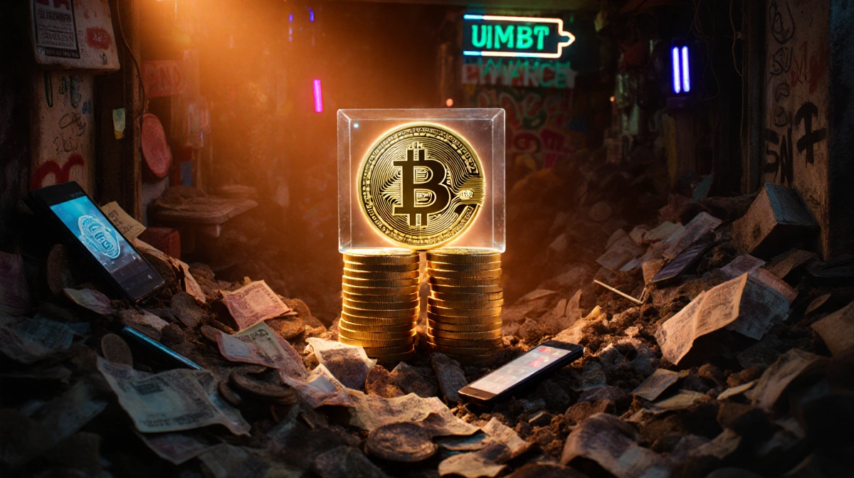 Stacks of USDT stablecoins hang frozen above a crowded Venezuelan market stall with worn bolivars and glowing phone screens l