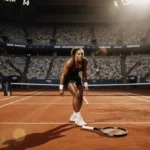 Venus Williams stands alone on Australian Open court with racket beside her and stadium bleachers looming behind