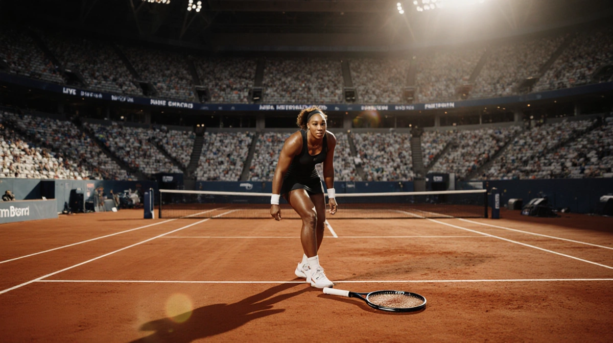 Venus Williams stands alone on Australian Open court with racket beside her and stadium bleachers looming behind
