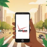 Person holds smartphone with Verizon logo and savings offer while standing with lush greenery and city skyline behind