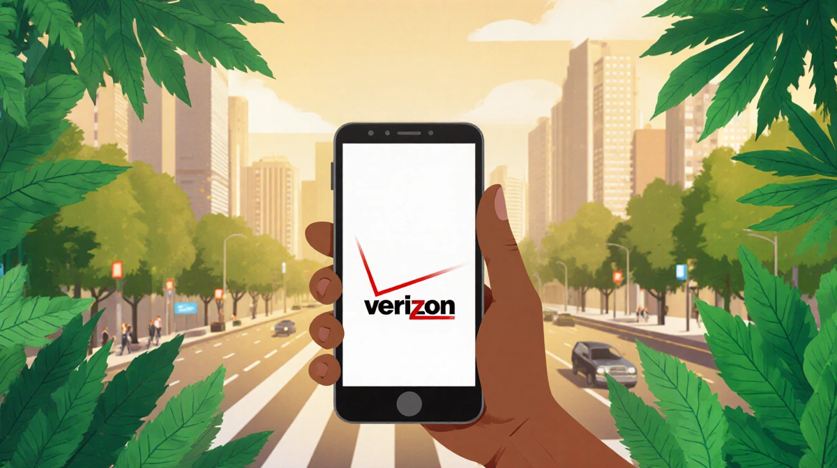 Person holds smartphone with Verizon logo and savings offer while standing with lush greenery and city skyline behind