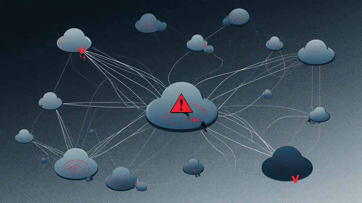 Verizon network nodes collapsing with broken connections and red error symbol amid dark digital infrastructure