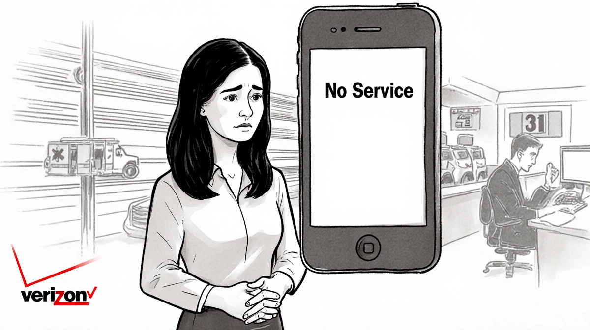 Christina Moon Ashraf stands with clasped hands before a no service phone showing Verizon outage with emergency services visi