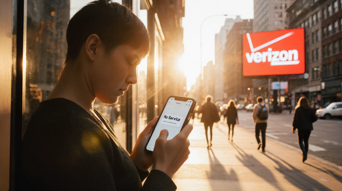 Frustrated person holding phone with no service message and Verizon logo glowing at sunset
