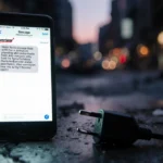 Person checking Verizon text message with broken charger on sidewalk near damaged cityscape at dusk