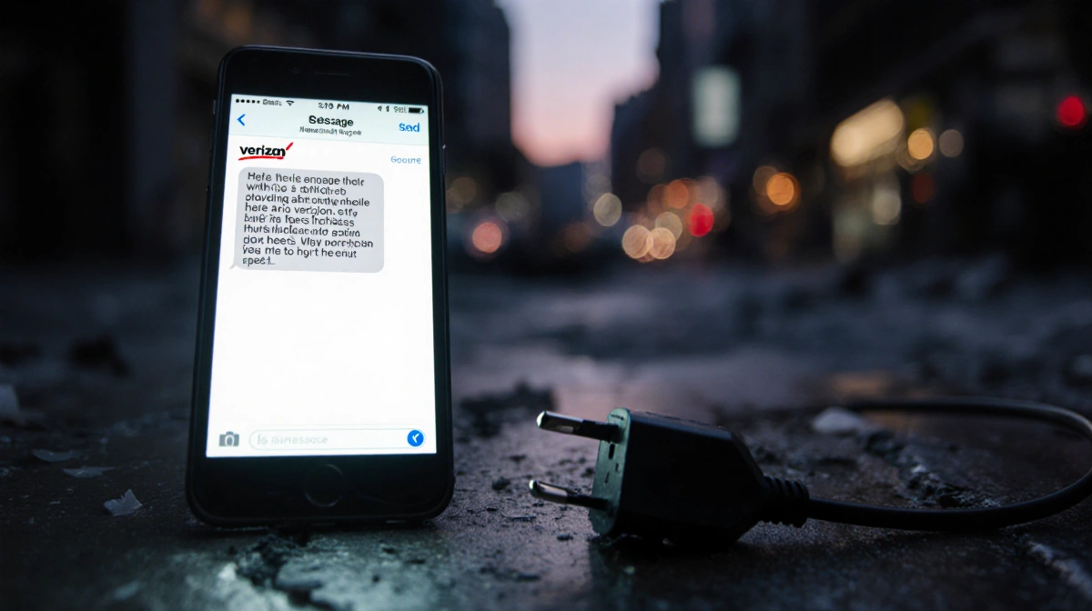 Person checking Verizon text message with broken charger on sidewalk near damaged cityscape at dusk