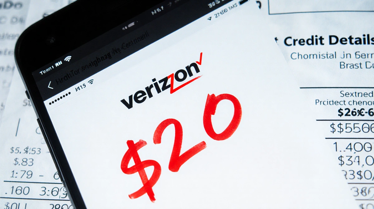 Smartphone shows text message notification with $20 written in red ink above it and Verizon logo partially covering the devic