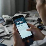 Person sits with phone showing Verizon service unavailable and network diagram with cluttered desk and chargers nearby