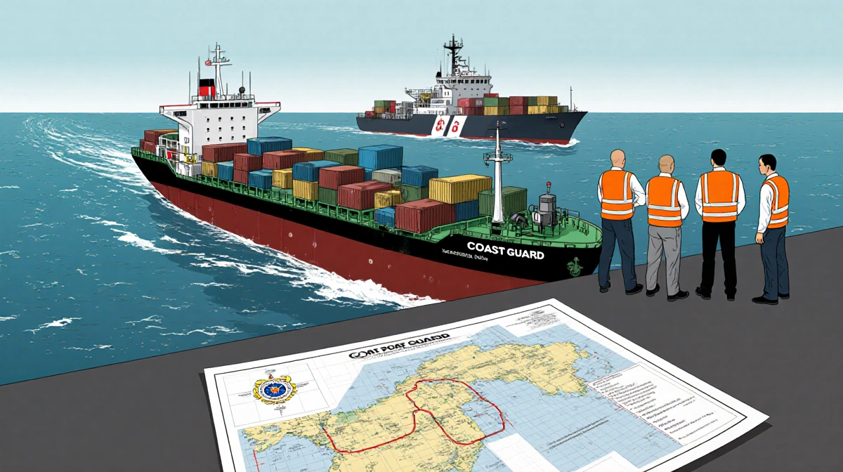 Coast Guardsmen inspect the Veronica tanker at sea with orange vests and cargo holds visible