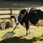 Cow standing proudly beside a metal rake scratching her hindquarters with warm sunlit meadow.