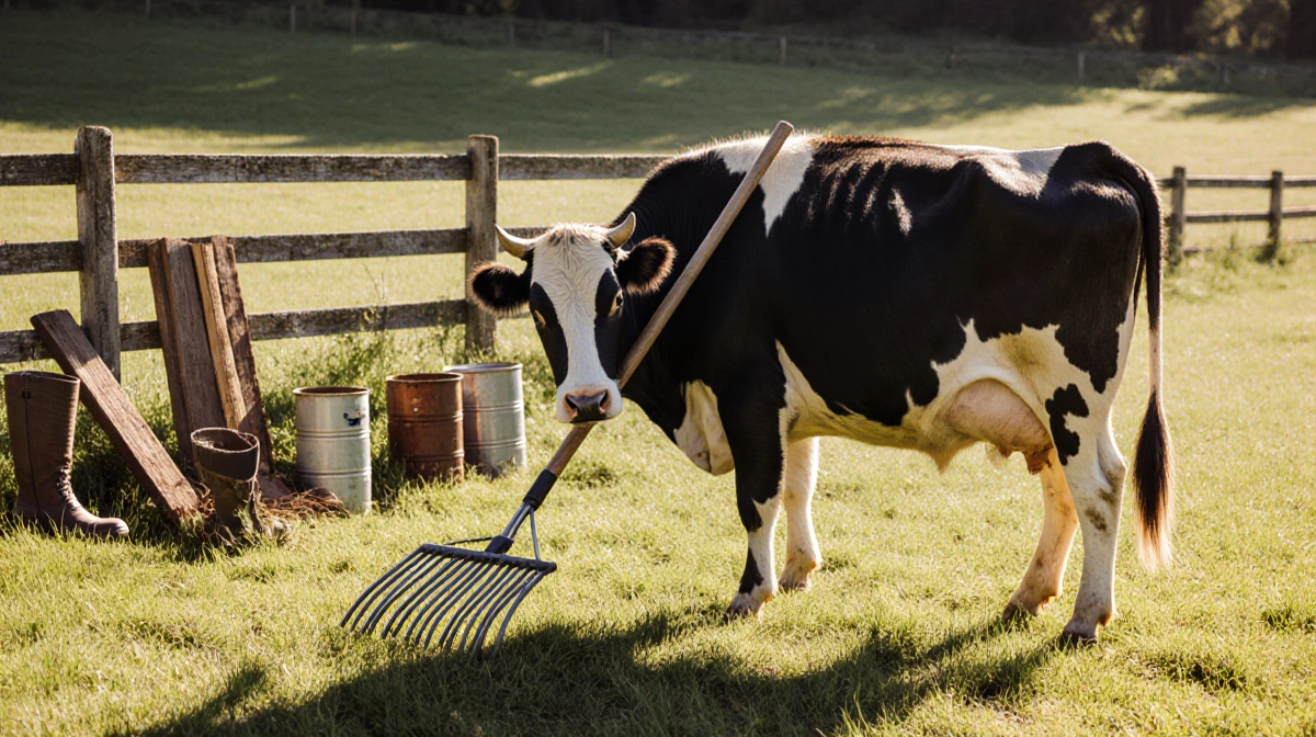 Cow standing proudly beside a metal rake scratching her hindquarters with warm sunlit meadow.