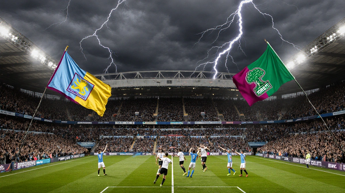Fans cheering in packed stadium with yellow and blue Villa flags and green Forest flags under lightning sky.