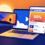 Laptop opens to reveal Vimeo video playing on smartphone with golden hour lighting and blue-orange gradient background