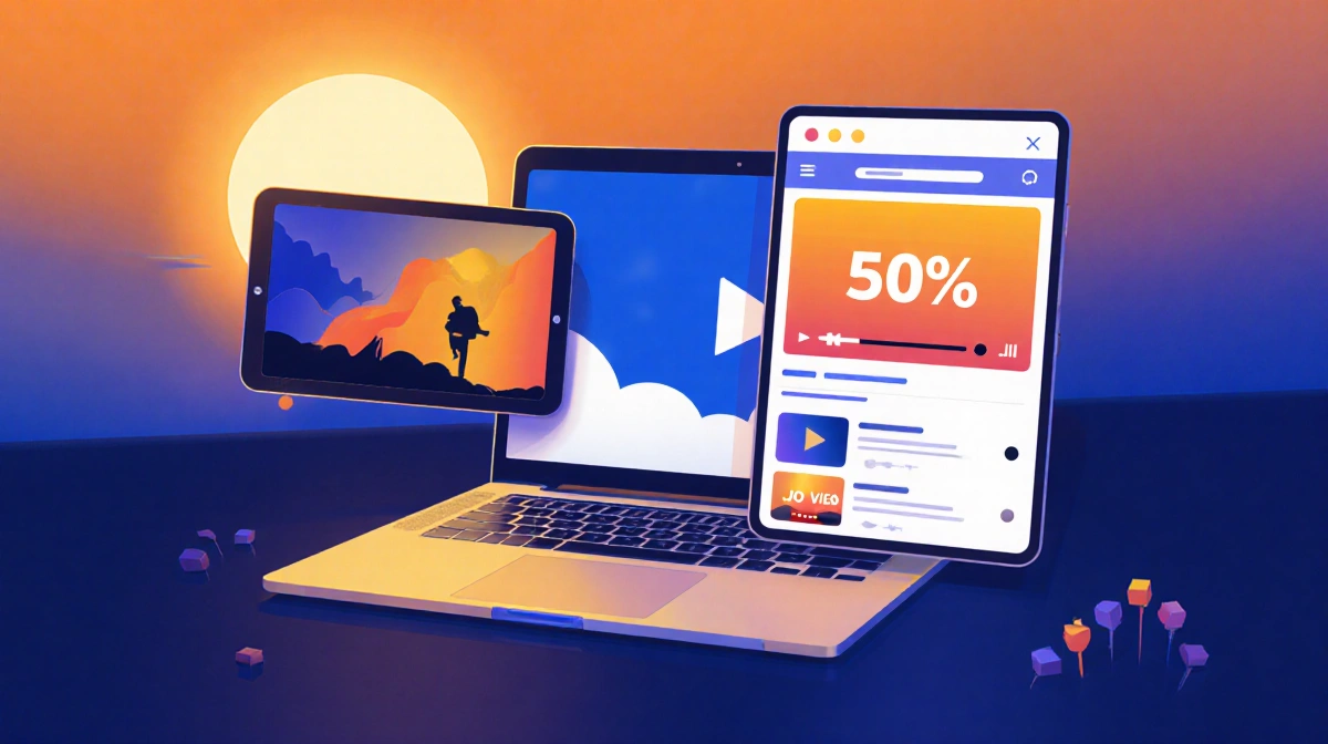 Laptop opens to reveal Vimeo video playing on smartphone with golden hour lighting and blue-orange gradient background