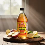 Apple cider vinegar bottle resting on a wooden table with fresh fruit slices and warm natural light