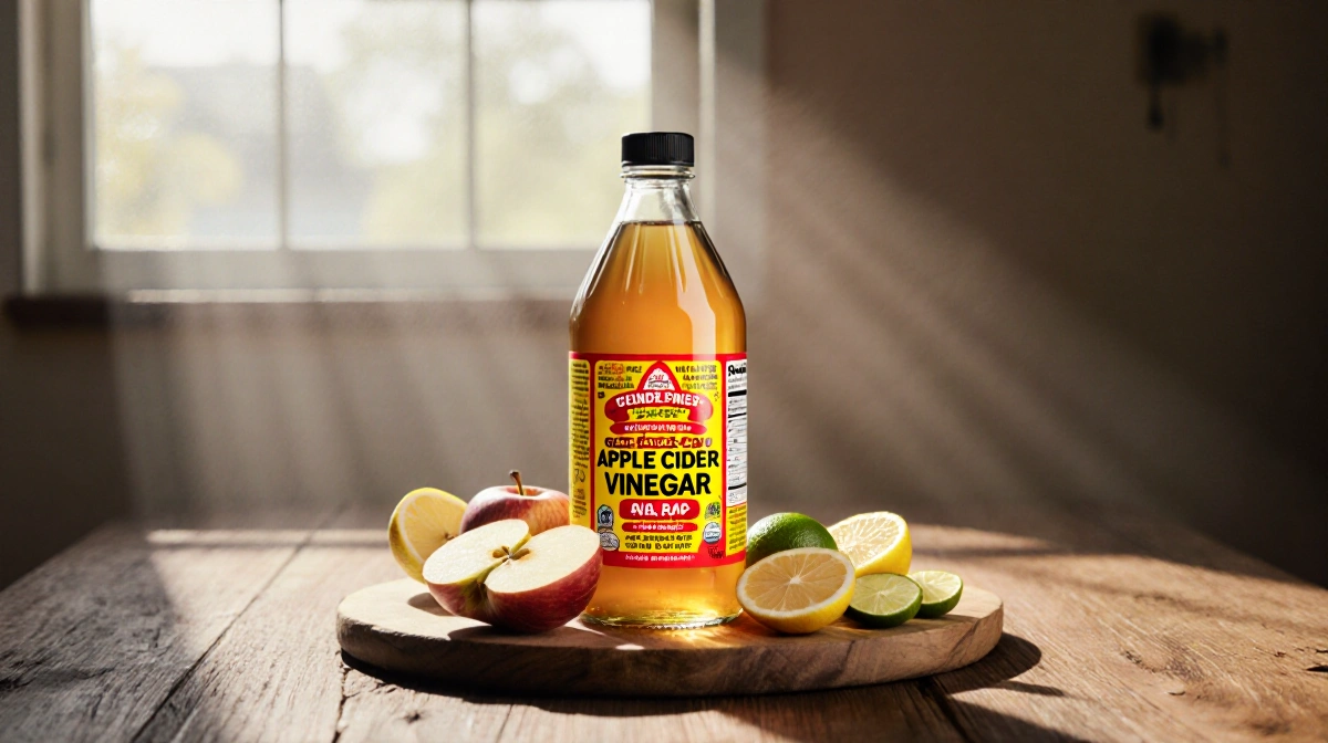 Apple cider vinegar bottle resting on a wooden table with fresh fruit slices and warm natural light