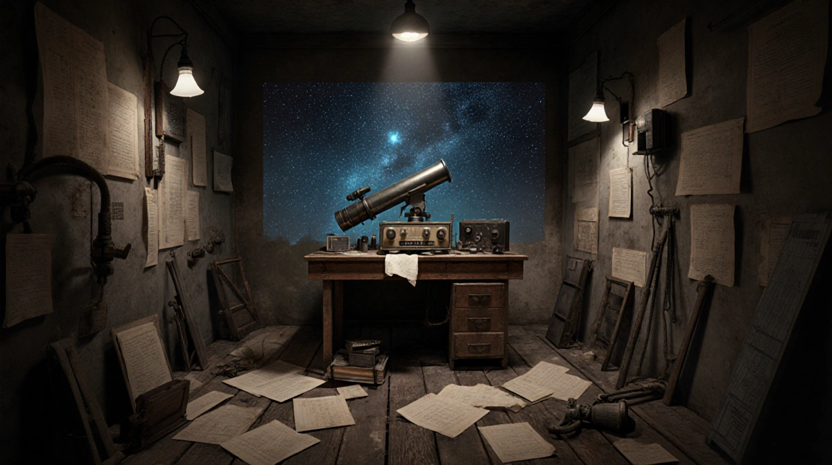 Vintage telescope sits on cluttered workbench with dusty blueprints and starry sky projection revealing SETI research