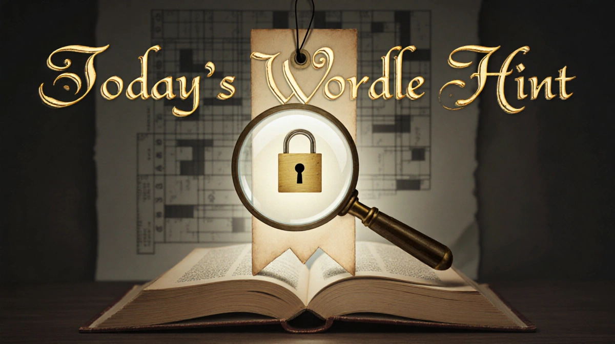 Vintage bookmark glowing while magnifying glass holds up gold-locked book near blurred Wordle grid