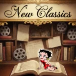 Open leather-bound volume showing Betty Boop on vintage gilded bookshelf with warm glow