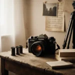 Vintage film camera sits on wooden table with rolls of film and photography books near a vintage tripod and warm light