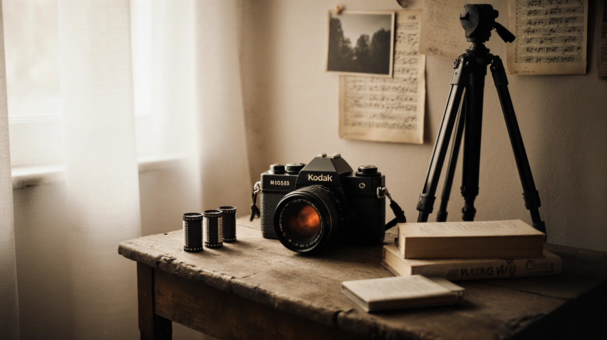 Vintage film camera sits on wooden table with rolls of film and photography books near a vintage tripod and warm light