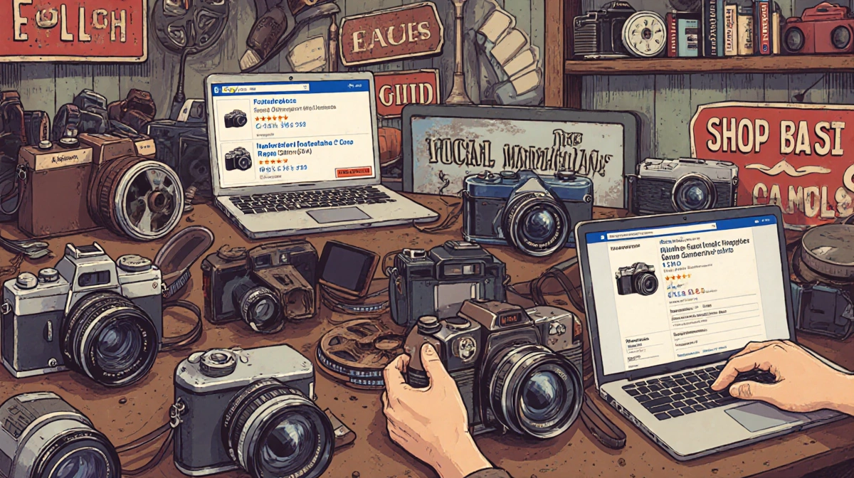 Buyer inspecting a vintage camera lens with eBay listings on laptops in cluttered marketplace