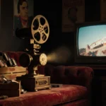 Antique film projector glowing on red velvet couch with old reels and vintage movie posters creating nostalgic cinema atmosph