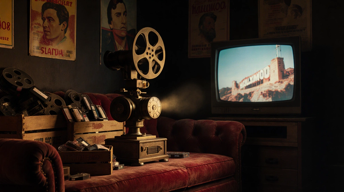 Antique film projector glowing on red velvet couch with old reels and vintage movie posters creating nostalgic cinema atmosph