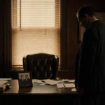 Cofounder looking down at vintage desk with old photo and golden light through dusty blinds