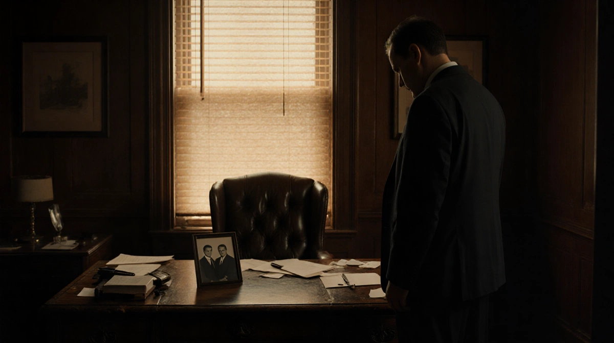 Cofounder looking down at vintage desk with old photo and golden light through dusty blinds