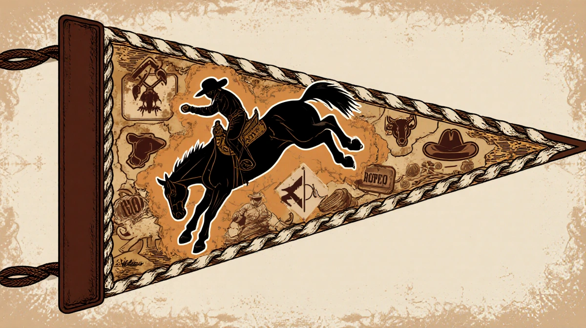 Vintage pennant shows bucking horse with layered rodeo icons and rope edges in warm earthy tones