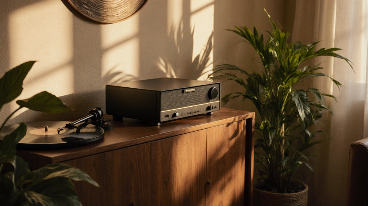 Vintage wooden console holds retro speaker and turntable with plants and warm lighting creating cozy listening space