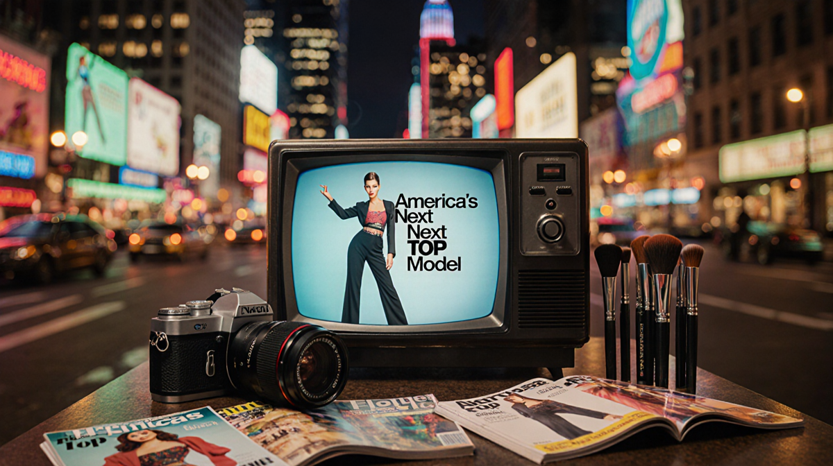 Vintage television broadcasting a model posing with retro fashion magazines and neon city lights