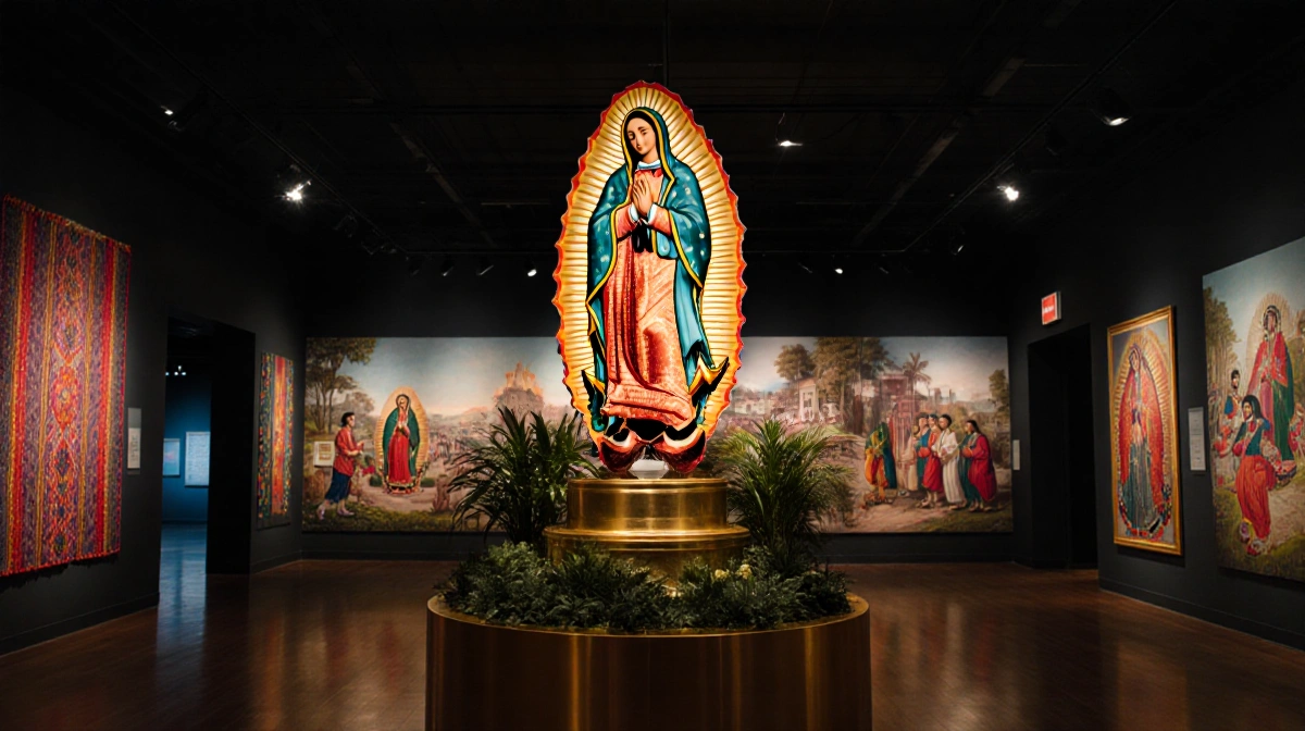 La Virgen de Guadalupe stands on golden pedestal with lush greenery and colorful textiles glowing under warm light