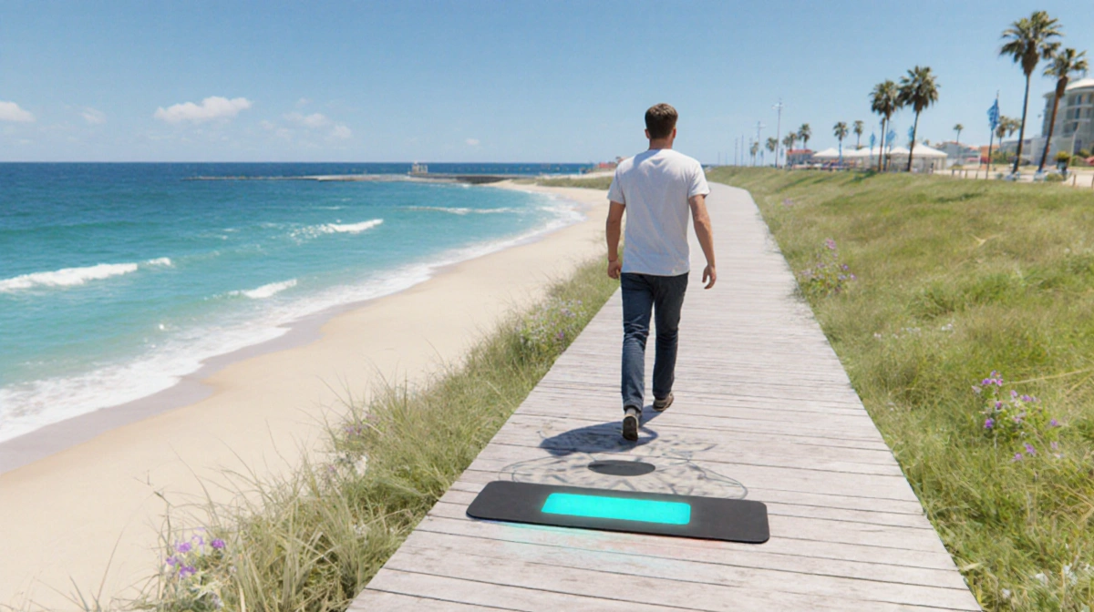Person walking on Urevo walking pad along virtual seaside boardwalk with ocean view and palm trees