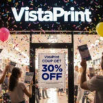 VistaPrint storefront celebrates with balloons and 30% off coupon as happy customers enter with promotional materials