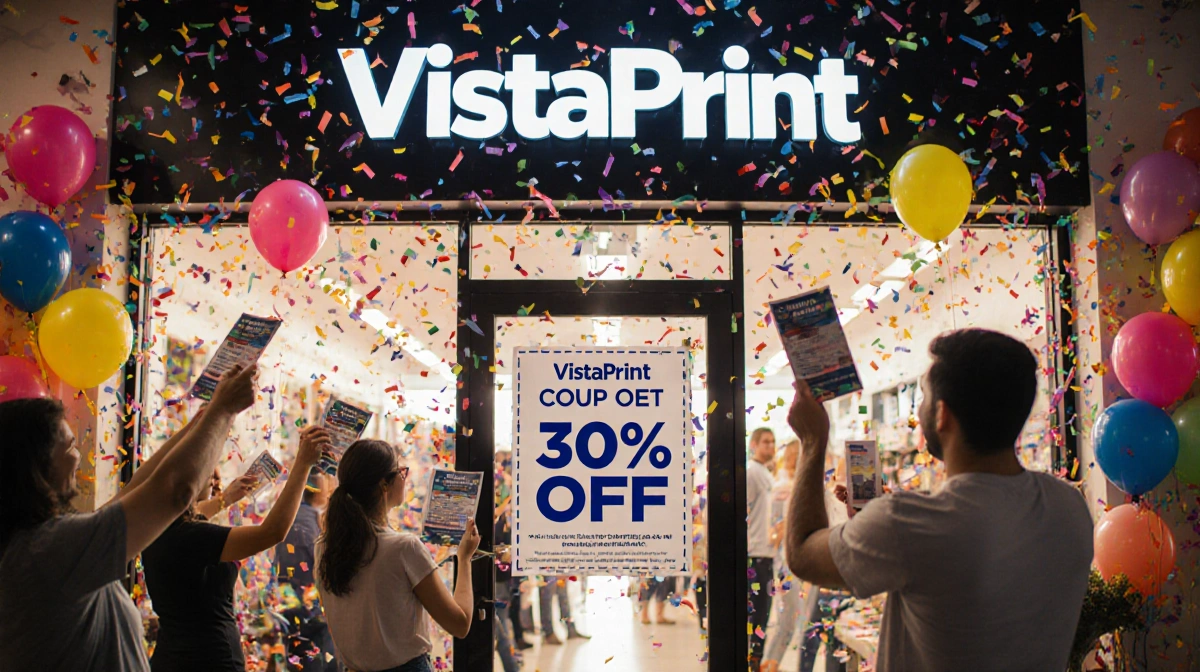 VistaPrint storefront celebrates with balloons and 30% off coupon as happy customers enter with promotional materials