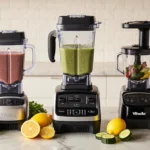 Three premium blenders sit on kitchen counter with vibrant fruits and leafy greens ready for smoothies