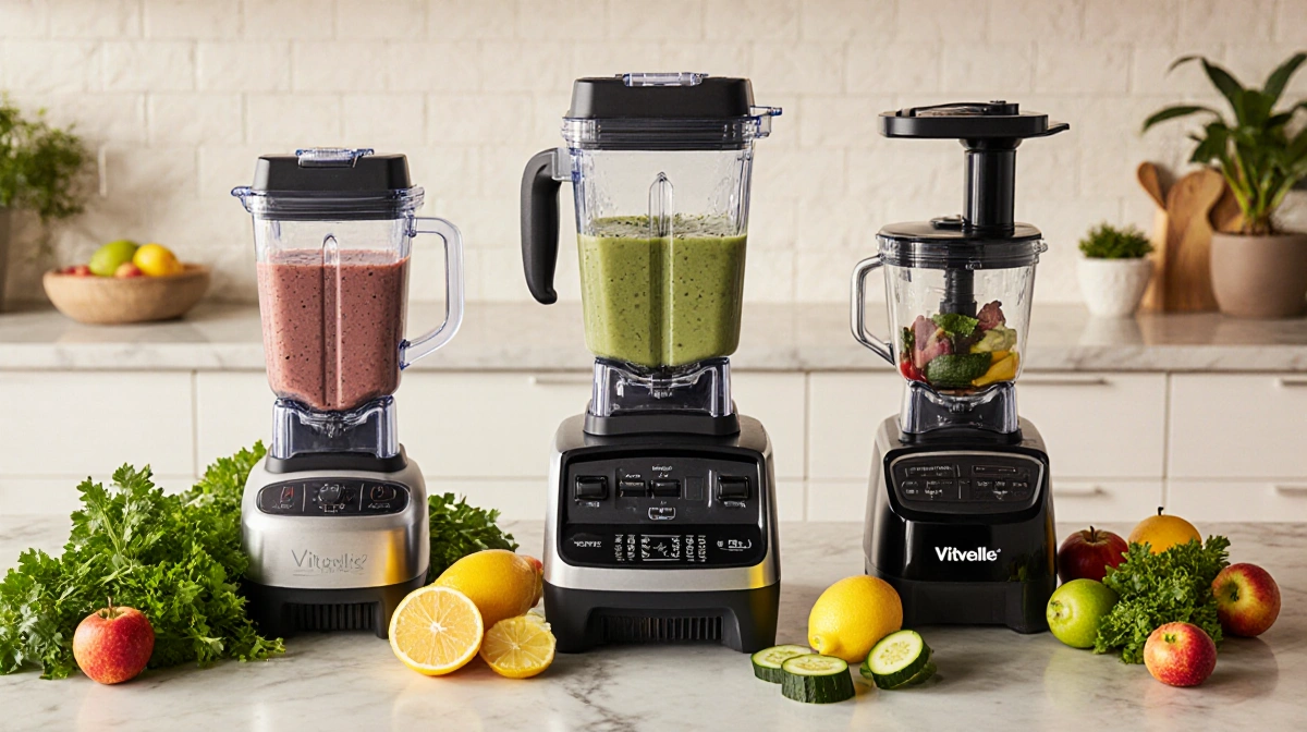 Three premium blenders sit on kitchen counter with vibrant fruits and leafy greens ready for smoothies