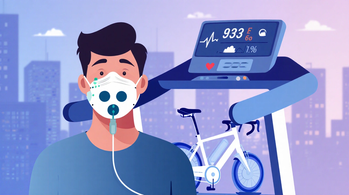 Athlete wearing sensor mask testing VO2 max on treadmill with heart rate monitor showing exhaustion