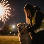 Volunteer gently stroking a calm dog with warm clothing and reflective vest beside shelter kennel and fireworks in sky