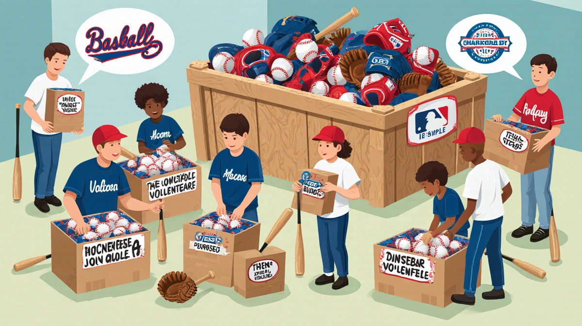 Volunteers sorting baseball equipment into labeled bundles with bats and gloves while a large wooden crate filled with gear s