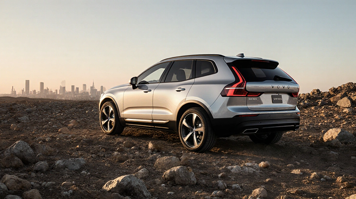 Volvo EX60 electric SUV parked on rocky terrain with metallic silver finish reflecting sunlight and cityscape visible in dist