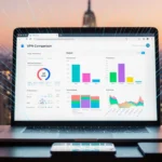 Laptop screen showing VPN comparison chart with colorful bars against sunset cityscape and neat row of devices